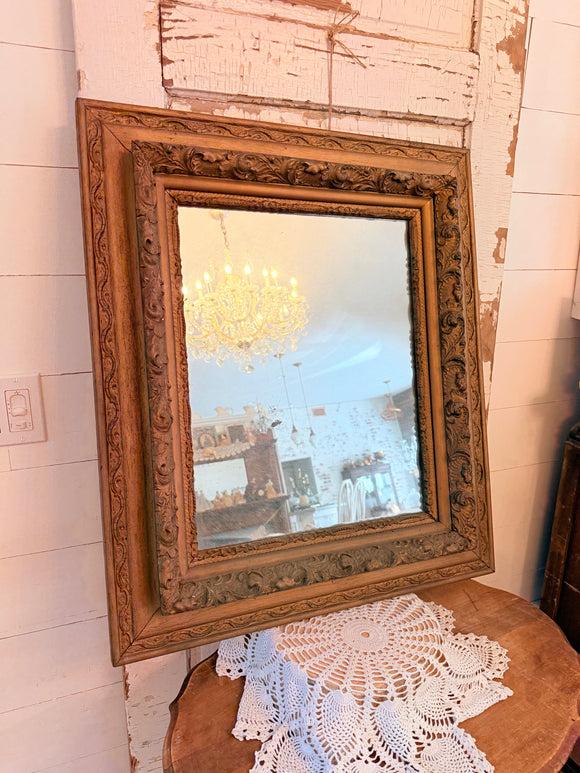 ANTIQUE BEVELED EDGE MIRROR AND HAND CARVED WOOD FRAME   ABSOLUTLEY STINNING!!!