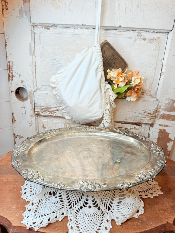 ANTIQUE VICTORIAN XLARGE ROSE DETAILED SILVER OVAL PLATTER  RARE!!!