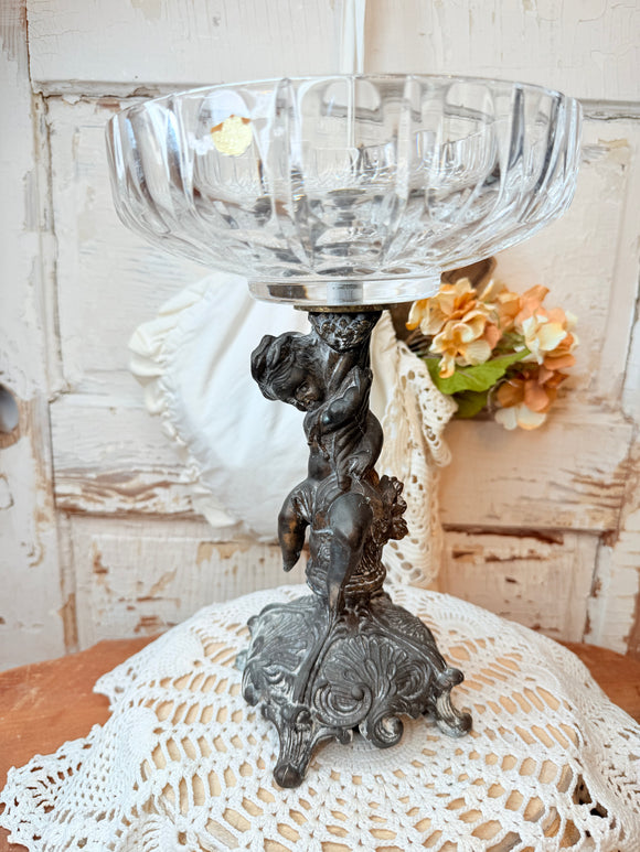 AMAZING ANTIQUE SOLID HOLLYWOOD REGENCY CHERUB AND CRYSTAL PEDESTAL BOWL RARE!!!