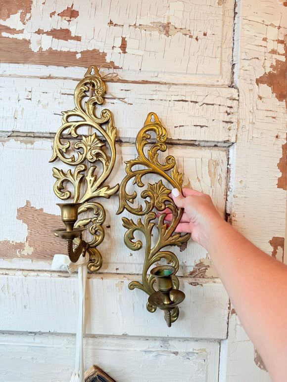 AMAZING ANTIQUE SOLID BRASS LARGE CANDLE SCONCES  RARE!!!