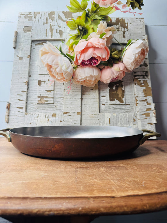 VINTAGE COPPER PAN WITH BRASS HANDLES