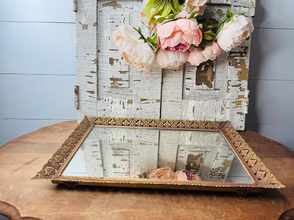 VINTAGE HOLLYWOOD REGENCY FILIGREE VANITY MIRROR TRAY