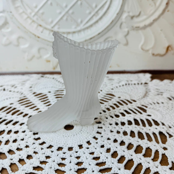 FROSTED VINTAGE GLASS ORNATE VICTORIAN BOOT PLANTER DECOR