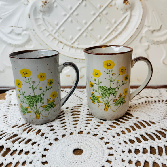SET OF 2 RARE VINTAGE FLORAL STONEWARE MUGS