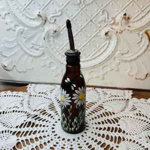 VINTAGE HANDPAINTED DAISY AMBER BOTTLE VINEGAR OR SOAP DISPENSER