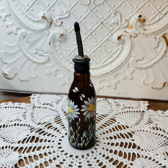 VINTAGE HANDPAINTED DAISY AMBER BOTTLE VINEGAR OR SOAP DISPENSER