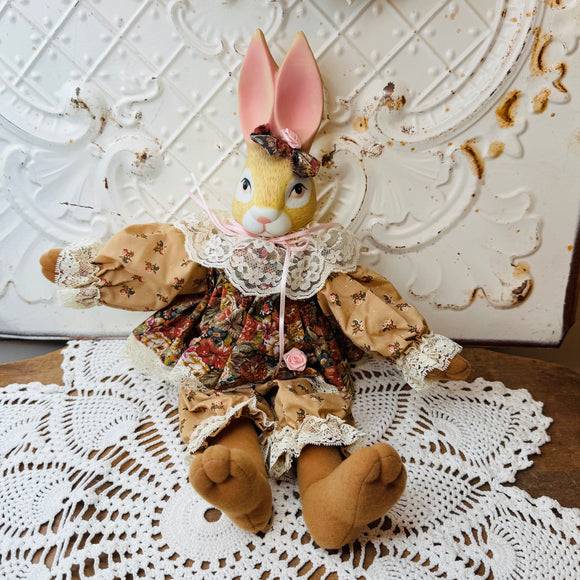 VINTAGE BUNNY RABBIT WITH LACE AND LINEN SHELF SITTER DOLL