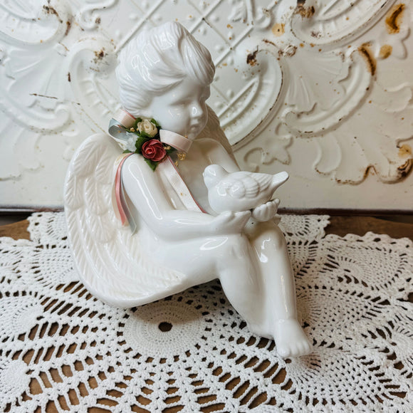 VINTAGE ANGEL WITH DOVE FLORAL ORNATE STATUETTE
