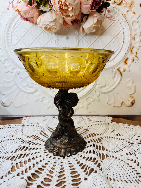 VINTAGE HOLLYWOOD REGENCY AMBER GLASS CHERUB COMPOTE