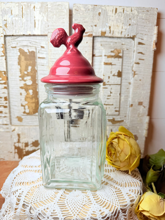 VINTAGE ORNATE ROOSTER GLASS JAR WITH LID