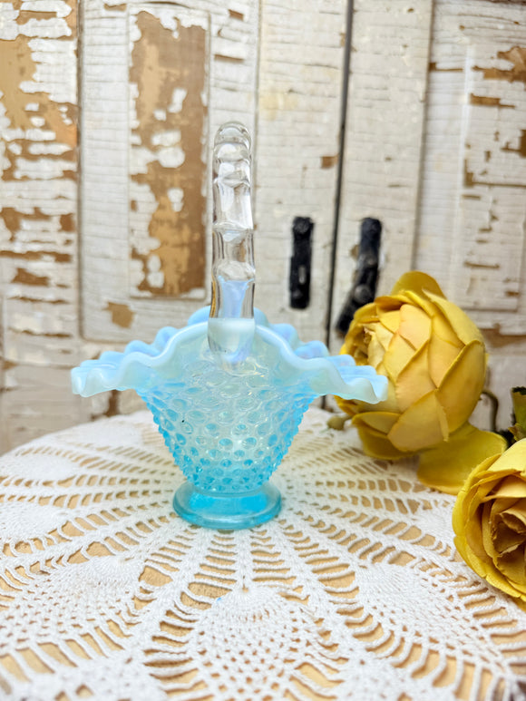 FENTON MOONSTONE BLUE GLASS VINTAGE RUFFLE BASKET DECOR HOBNAIL