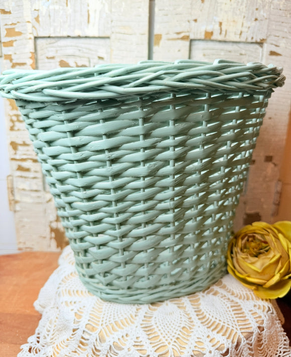 VINTAGE GREEN WICKER BASKET BARREL
