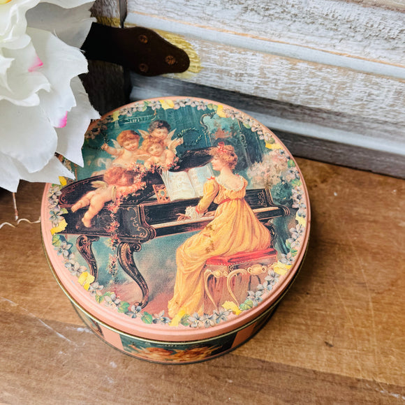 VINTAGE VICTORIAN TRANSFERWARE PIANO ANGELS CIRCULAR JAR BOX