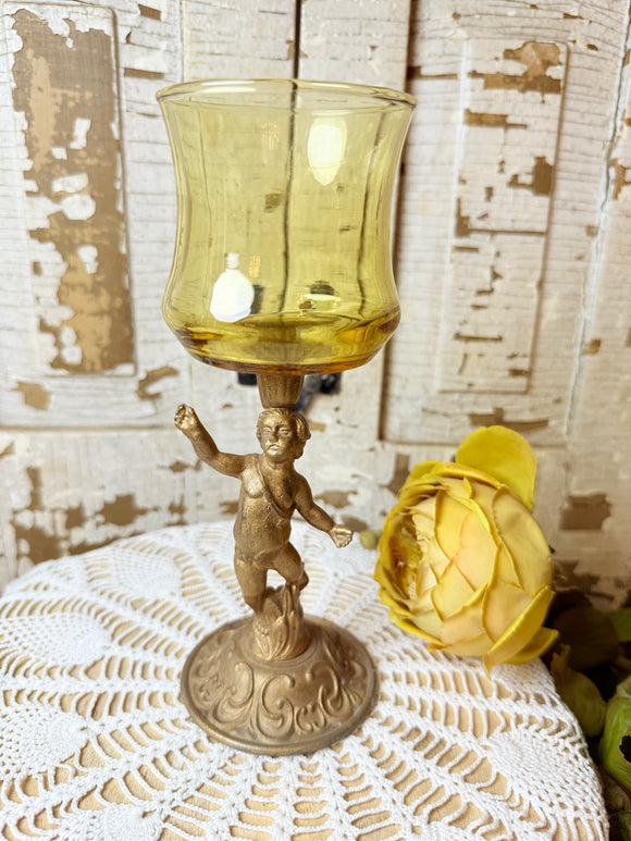 VINTAGE YELLOW GLASS RARE ORNATE ANGEL GOBLET CANDLE HOLDER