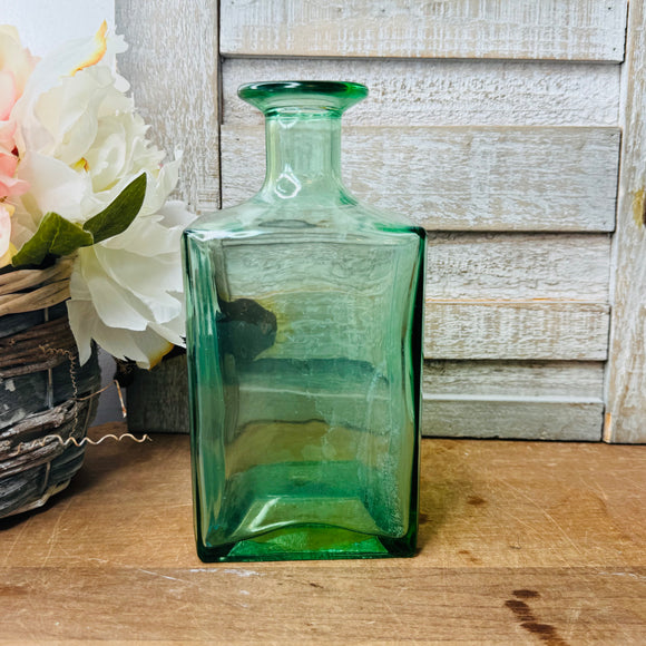 VINTAGE GREEN GLASS SQUARED BOTTLE