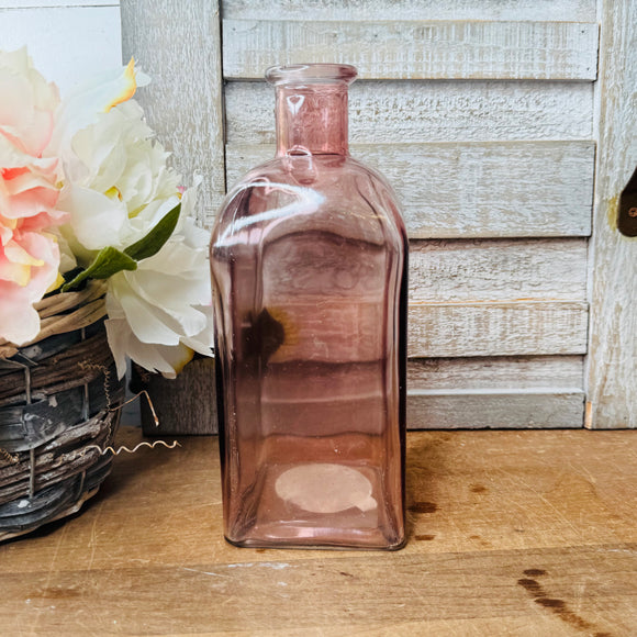 VINTAGE PINK GLASS SQUARED BOTTLE