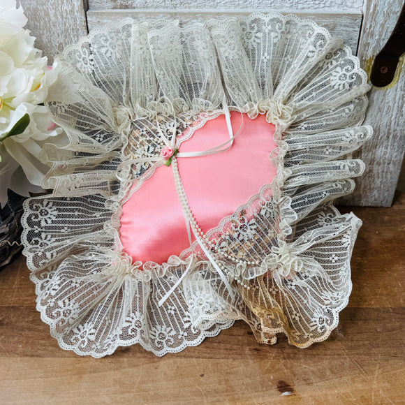 VINTAGE HANDMADE PINK LACE THROW PILLOW