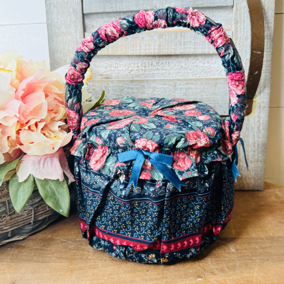 VINTAGE FABRIC FLORAL ROUND SEWING BASKET