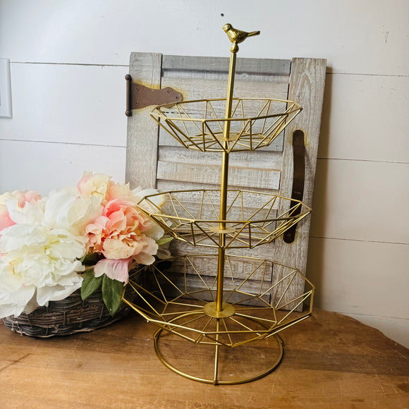 VINTAGE THREE TIERED GOLDEN BIRD FRUIT TRAY