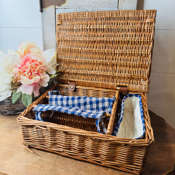 VINTAGE DIVIDED WICKER BASKET WITH BLUE AND WHITE GINGHAM INSERTS