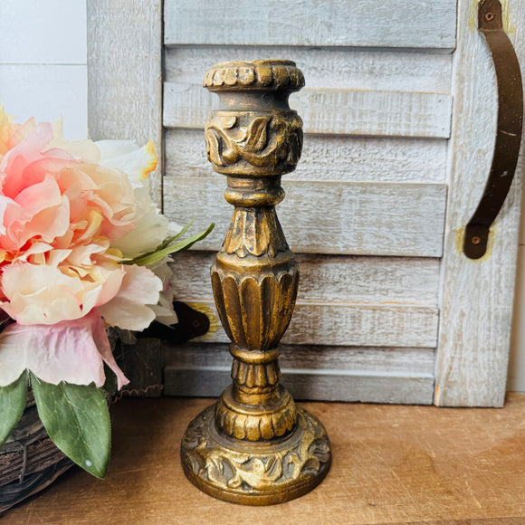 VINTAGE ORNATE CARVED WOOD LARGE CANDLESTICK HOLDER