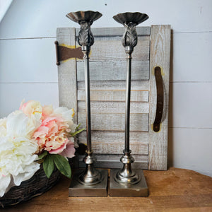 SET OF TALL PEWTER FINISH ORNATE CANDLE HOLDERS