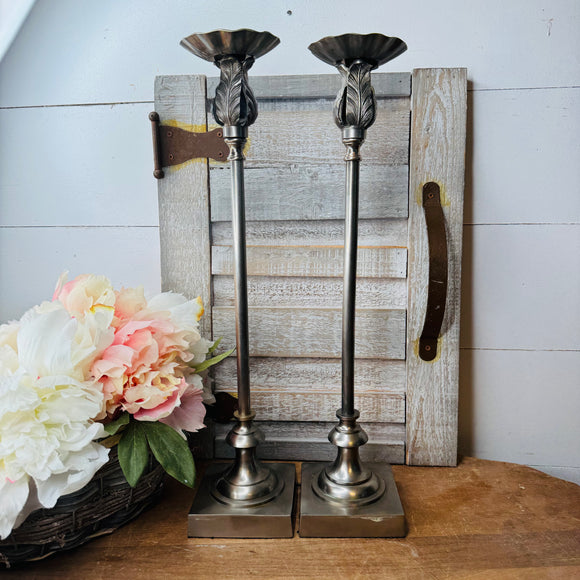 SET OF TALL PEWTER FINISH ORNATE CANDLE HOLDERS