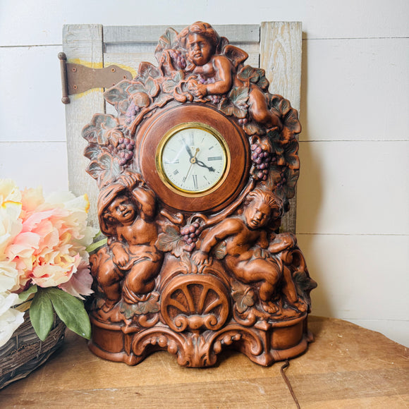 VINTAGE ANGEL LARGE ORNATE RESIN CLOCK