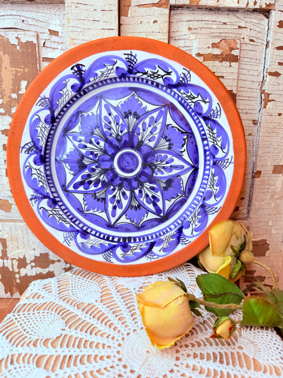 VINTAGE MEXICO TERRACOTTA PLATE COBALT BLUE HAND PAINTED