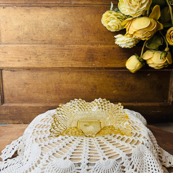 VINTAGE AMBER GLASS DIAMOND CUT DISH