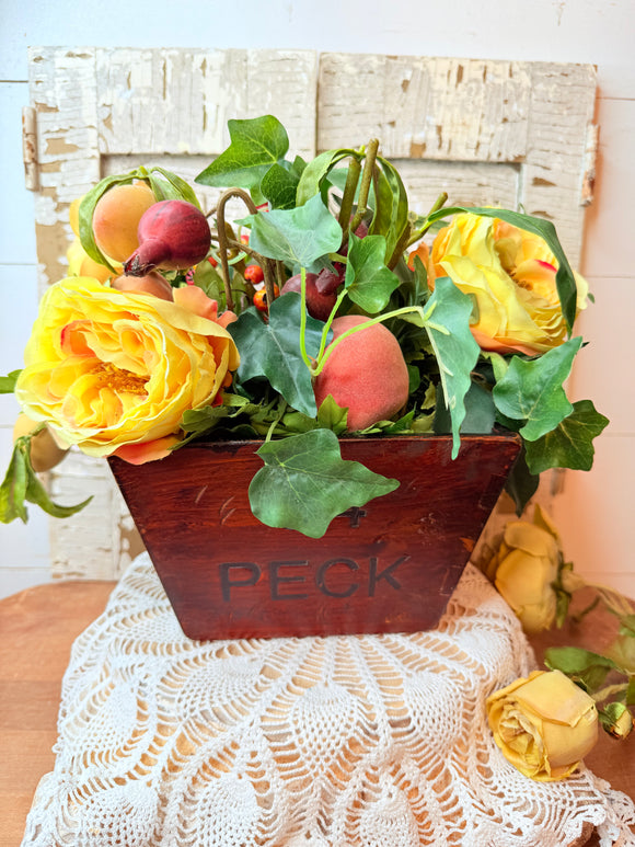 VINTAGE 1/4 PECK WOODEN PLANTER WITH FAUX FLORALS