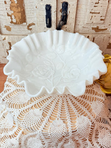 VINTAGE ORNATE RIBBON TRIM MILK GLASS BOWL