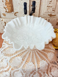VINTAGE ORNATE RIBBON TRIM MILK GLASS BOWL