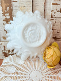 VINTAGE ORNATE RIBBON TRIM MILK GLASS BOWL