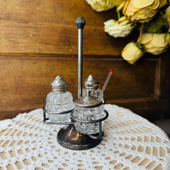 VINTAGE SILVER AND GLASS CONDIMENT CADDY
