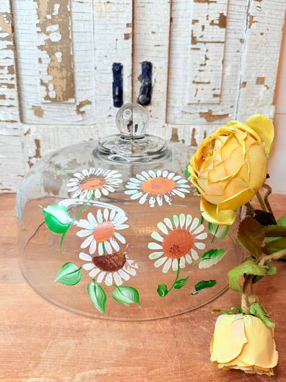 VINTAGE HANDPAINTED DAISIES GLASS CLOCHE