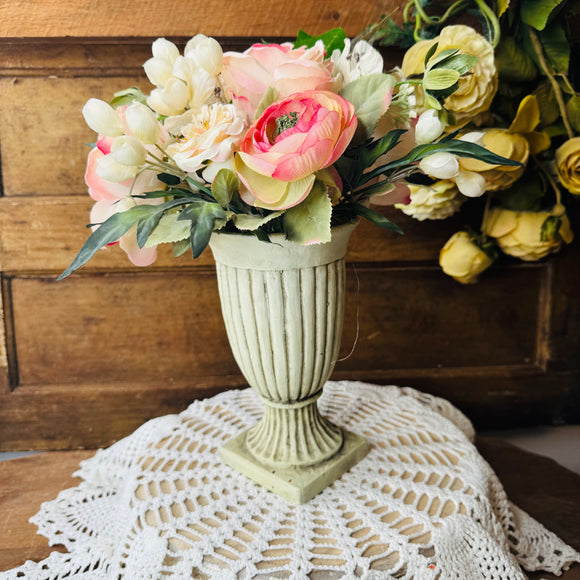 VINTAGE CEMENT RIBBED ORNATE PLANTER WITH INCLUDED FAUX FLORALS
