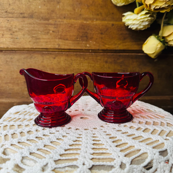 SET - VINTAGE 1940S RUBY GLASS SUGAR BOWL AND CREAMER