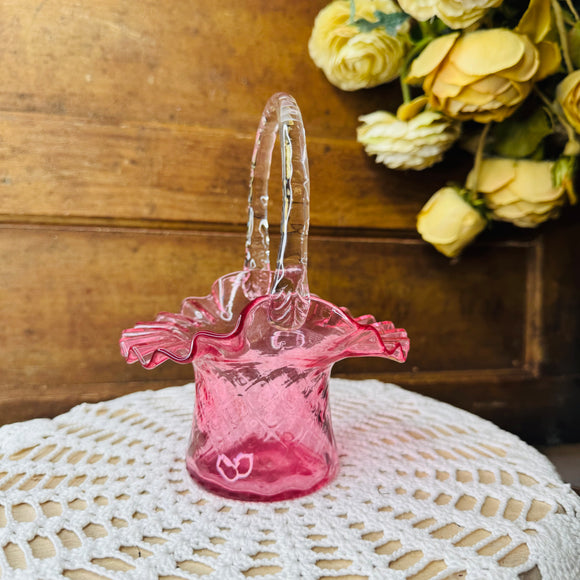 VINTAGE FENTON CRANBERRY GLASS DIAMOND OPTIC BASKET