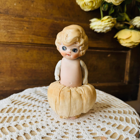 ANTIQUE HANDMADE ONE OF A KIND PORCELAIN DOLL TORSO WITH ANTIQUE LINEN RARE PIN CUSHION - FRANCES