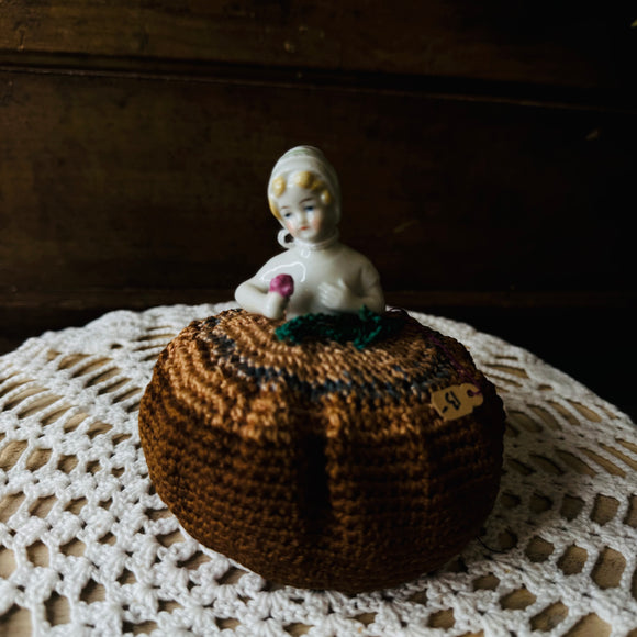 PIN CUSHION - ANTIQUE HANDMADE ONE OF A KIND PORCELAIN DOLL TORSO WITH ANTIQUE LINEN RARE - MILLIE