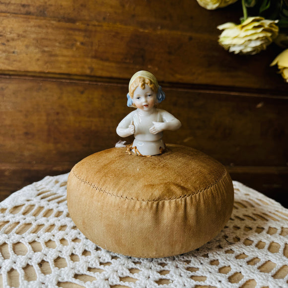 PIN CUSHION - ANTIQUE HANDMADE ONE OF A KIND PORCELAIN DOLL TORSO WITH ANTIQUE LINEN RARE - NELLIE