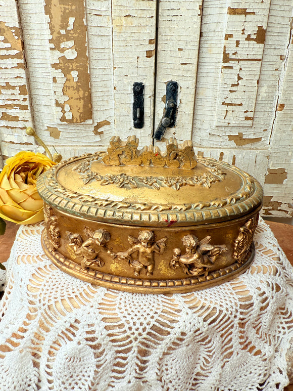 VINTAGE GOLD LIDDED CHERUB BOX