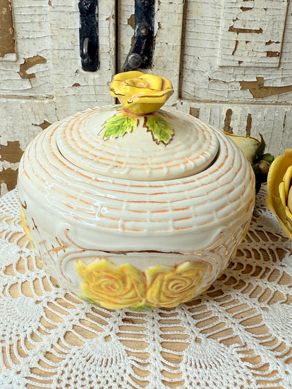 RARE ANTIQUE YELLOW SHABBY VICTORIAN ROSE BOWL AND LID