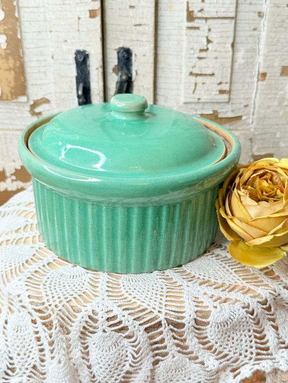 VINTAGE GREEN STONEWARE LIDDED BOWL