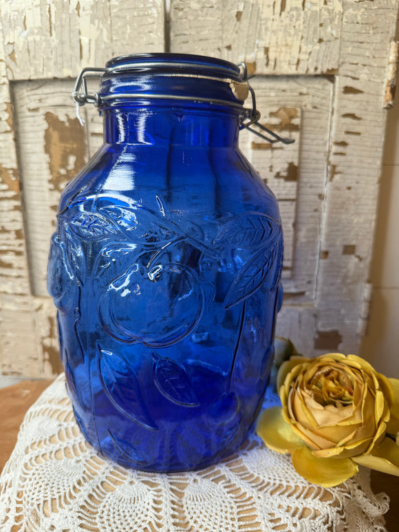 VINTAGE LARGE COBALT BLUE FRUIT EMBOSSED CANISTER JAR