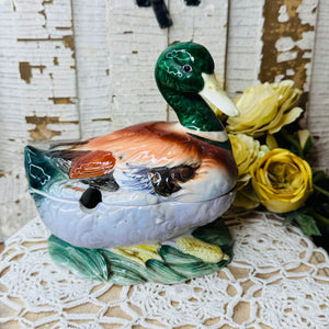 VINTAGE LARGE MALLARD DUCK ORNATE HAND PAINTED COOKIE JAR