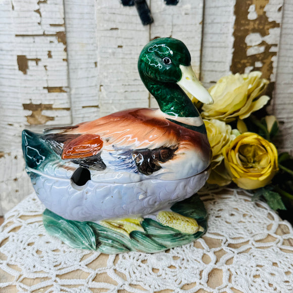 VINTAGE LARGE MALLARD DUCK ORNATE HAND PAINTED COOKIE JAR