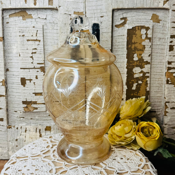 VINTAGE LARGE ETCHED BUTTER YELLOW RARE GLASS APOTHECARY STYLE JAR
