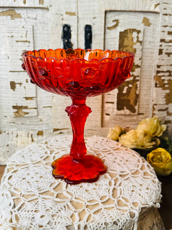 VINTAGE FENTON AMBERINA CABBAGE ROSE COMPOTE